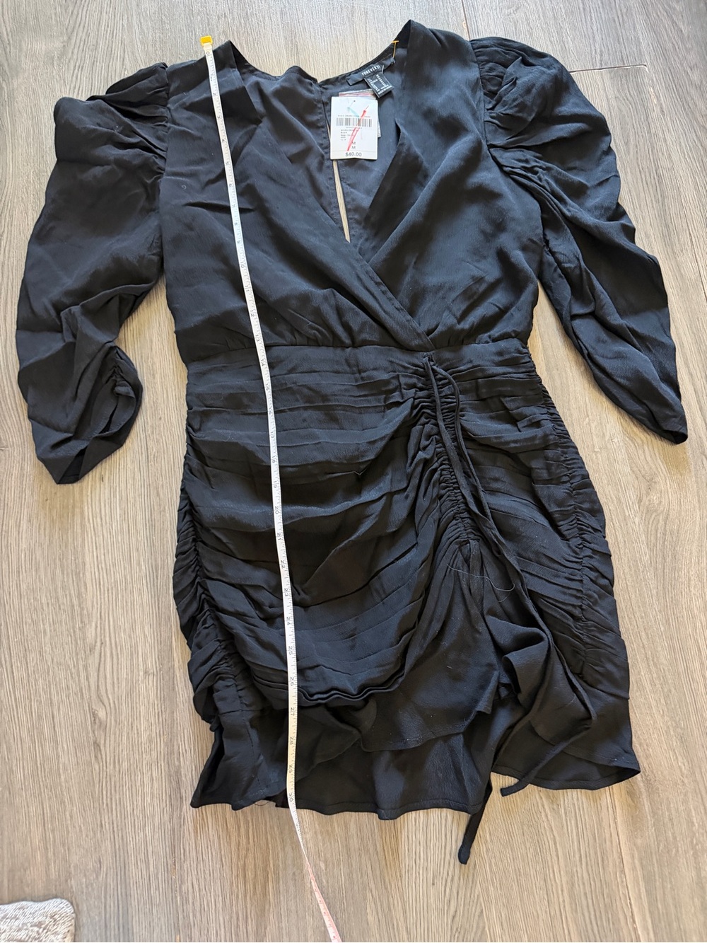 Forever 21 Black Ruched Wrap Mini Dress with Puff Sleeves - Picture 6 of 11